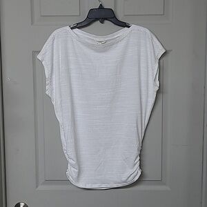 Max Studio Top Dolman Sleeve Ruched Side White/Tan Embroidered Trim L Like New
